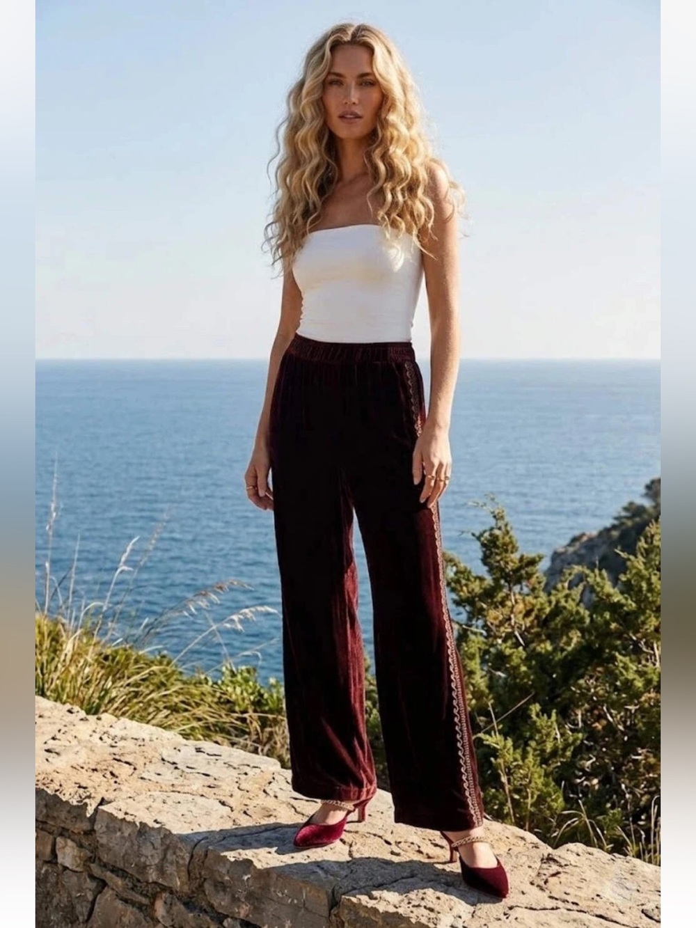 NWT Johnny Was Shira VELVET PANT size XS wide leg gold detail side blackberry